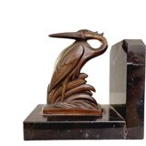 Art Deco spelter on marble bookends with cranes by Maurice Frecourt, France, 1920-30's