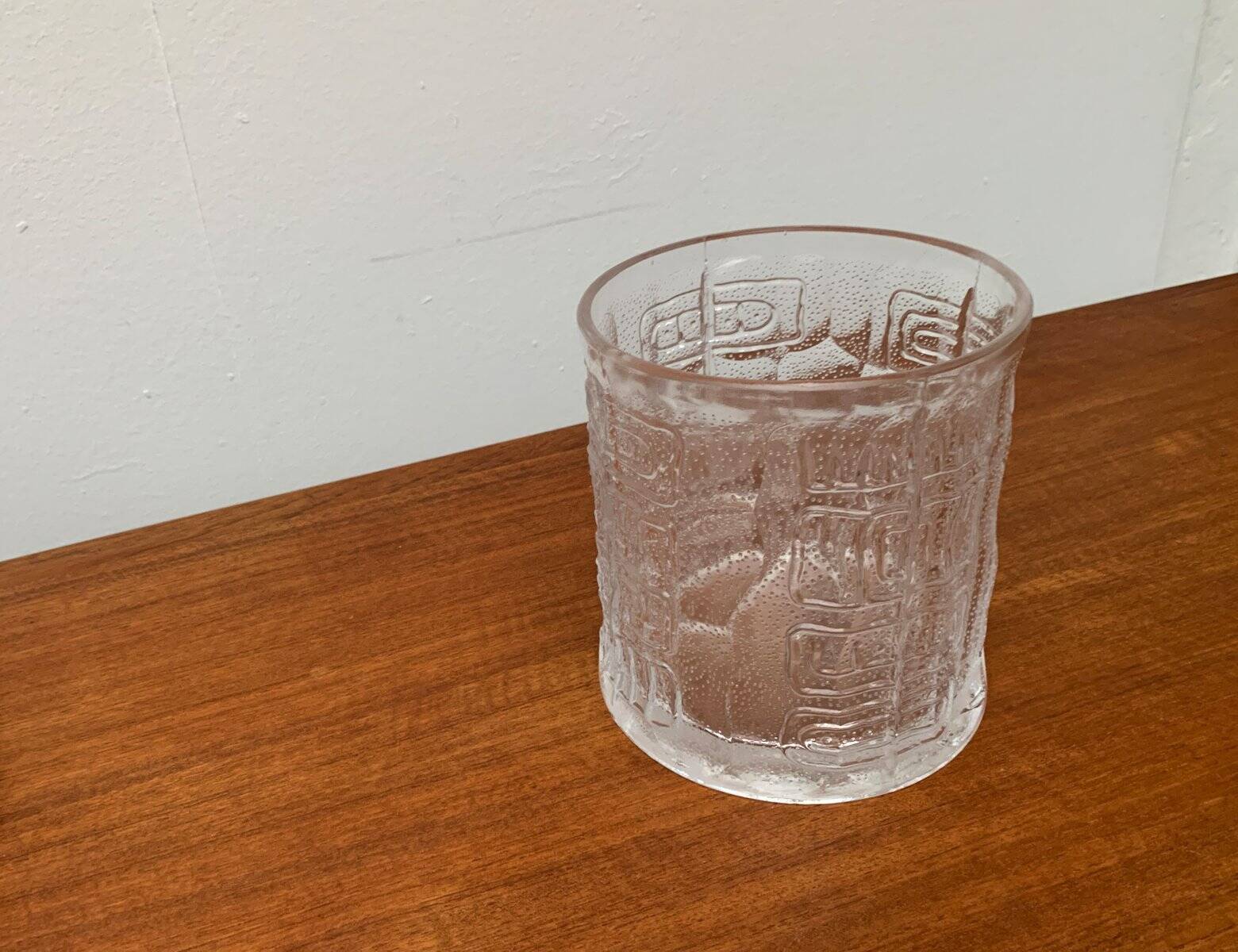 Large vintage glass vase or bowl with South American/Inca ornaments.