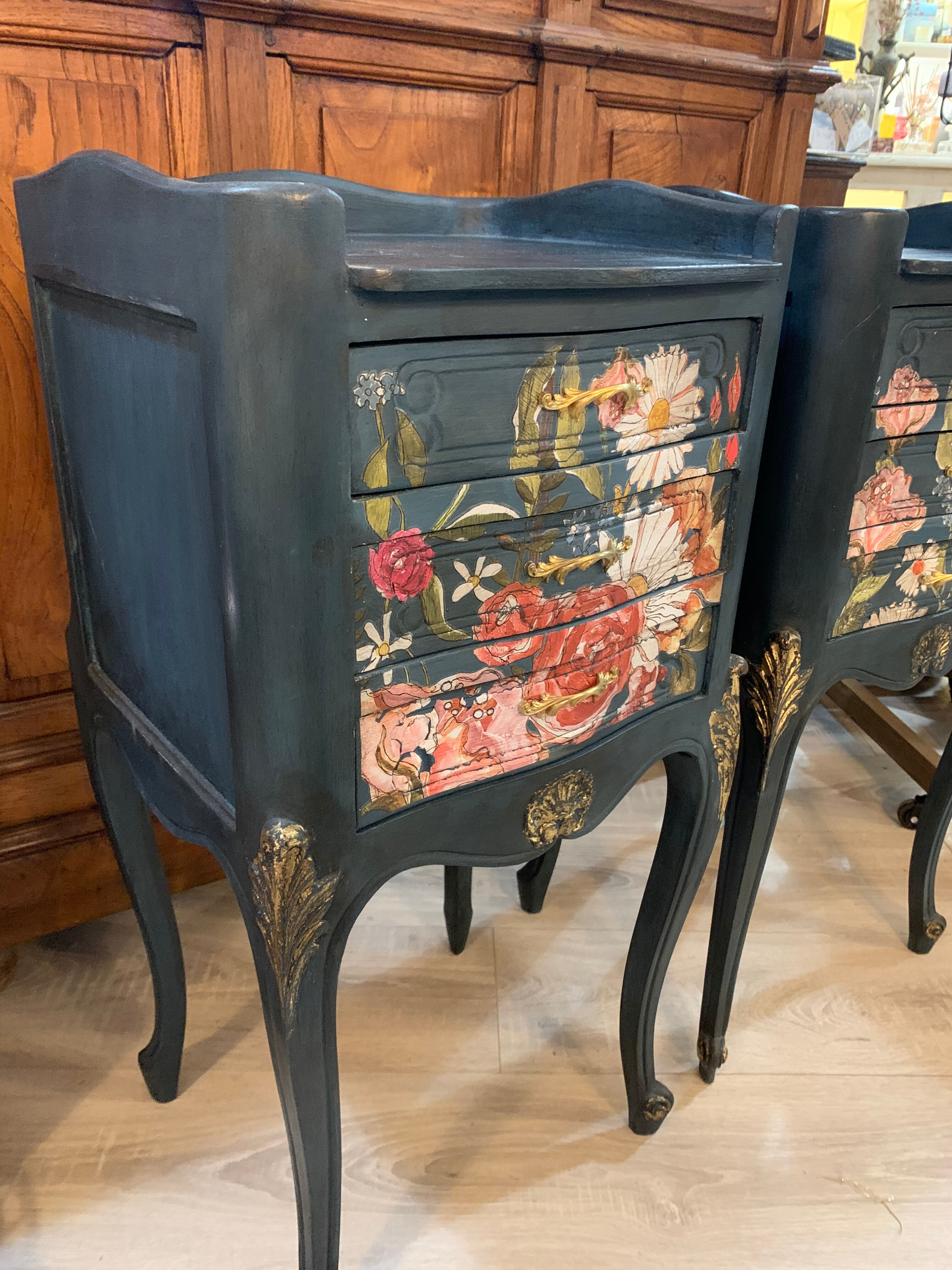 Decorated and patinated bedside tables