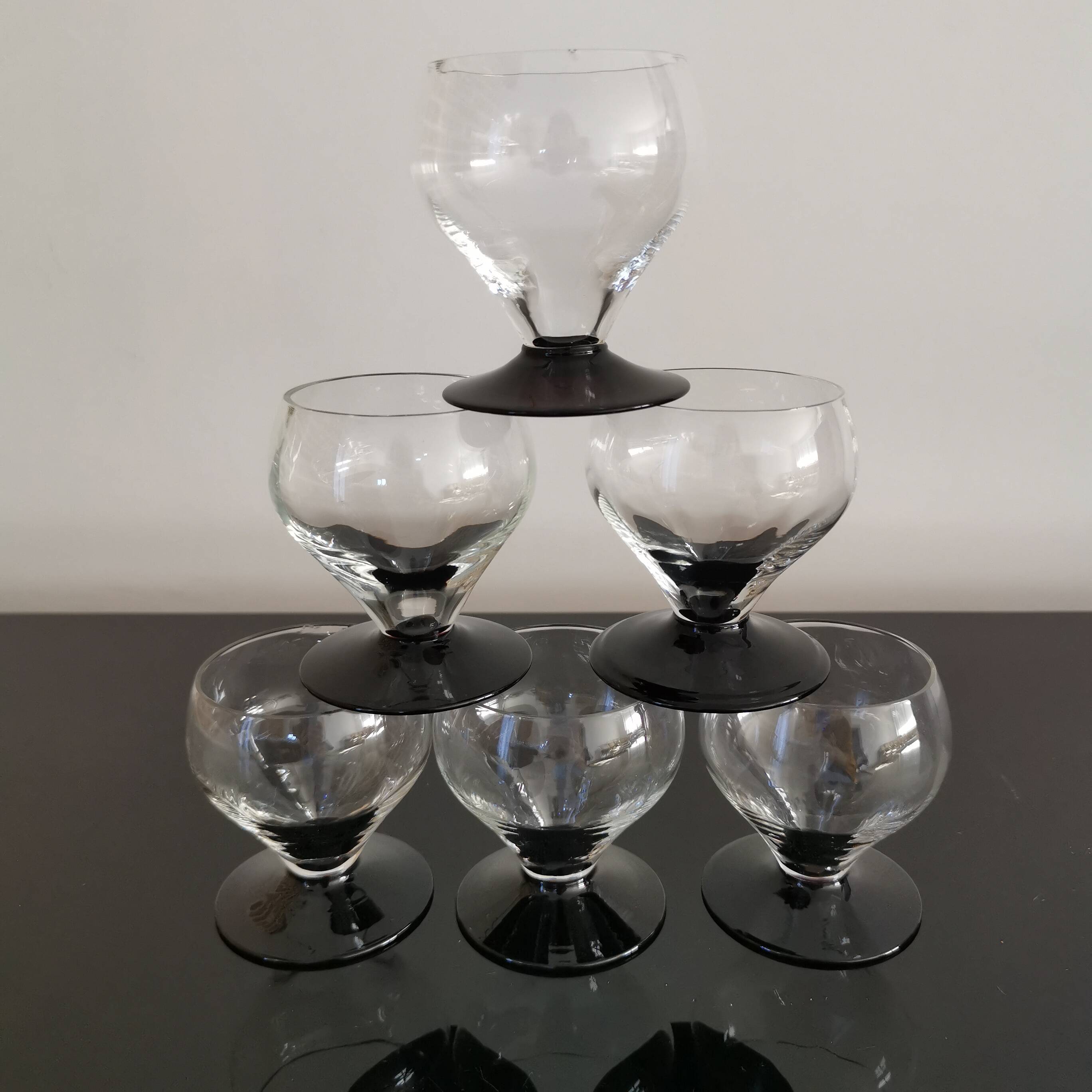 6 small retro smoked burgundy stemmed glasses