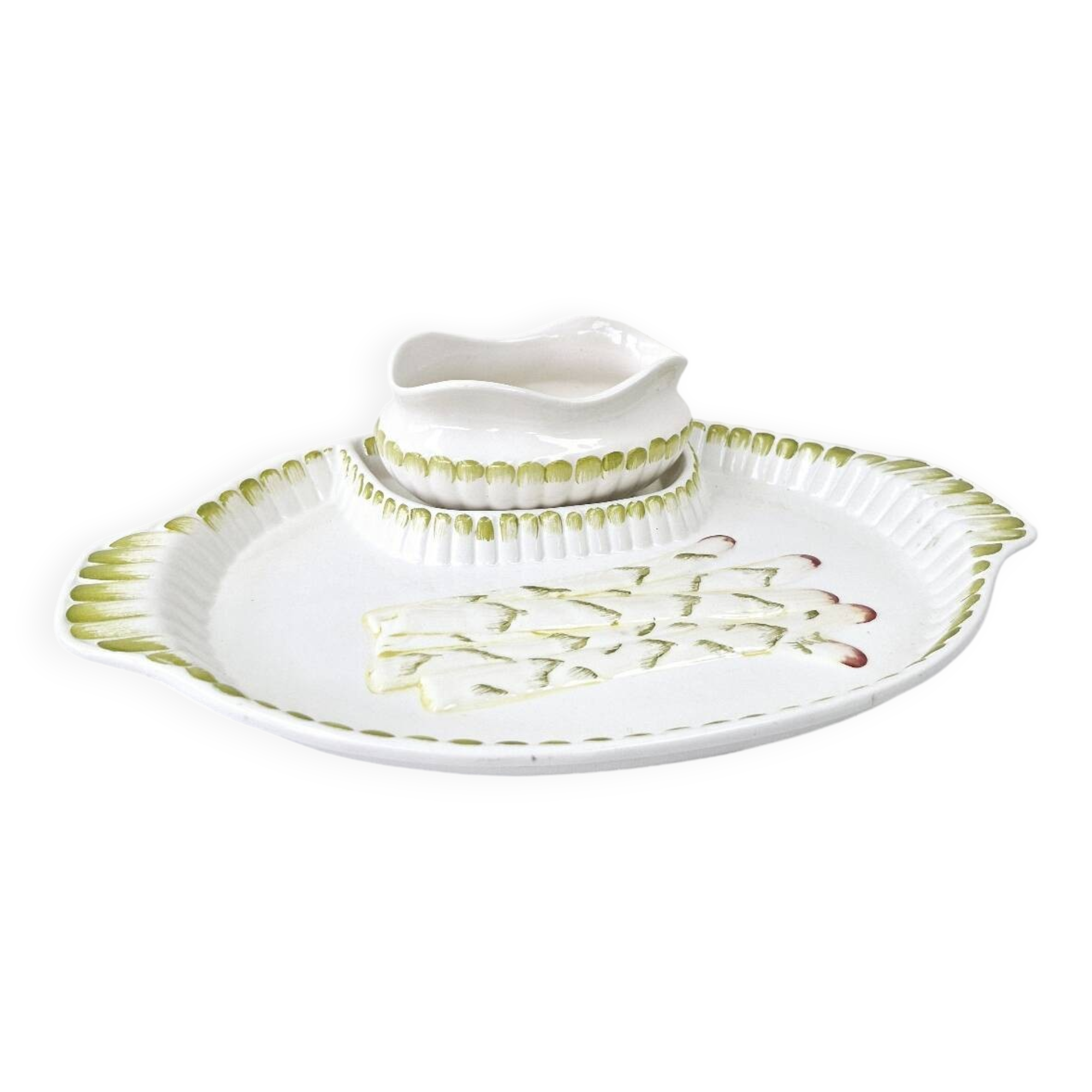 Grand Plat A Asperges Avec Saucier Vintage Céramique Barbotine