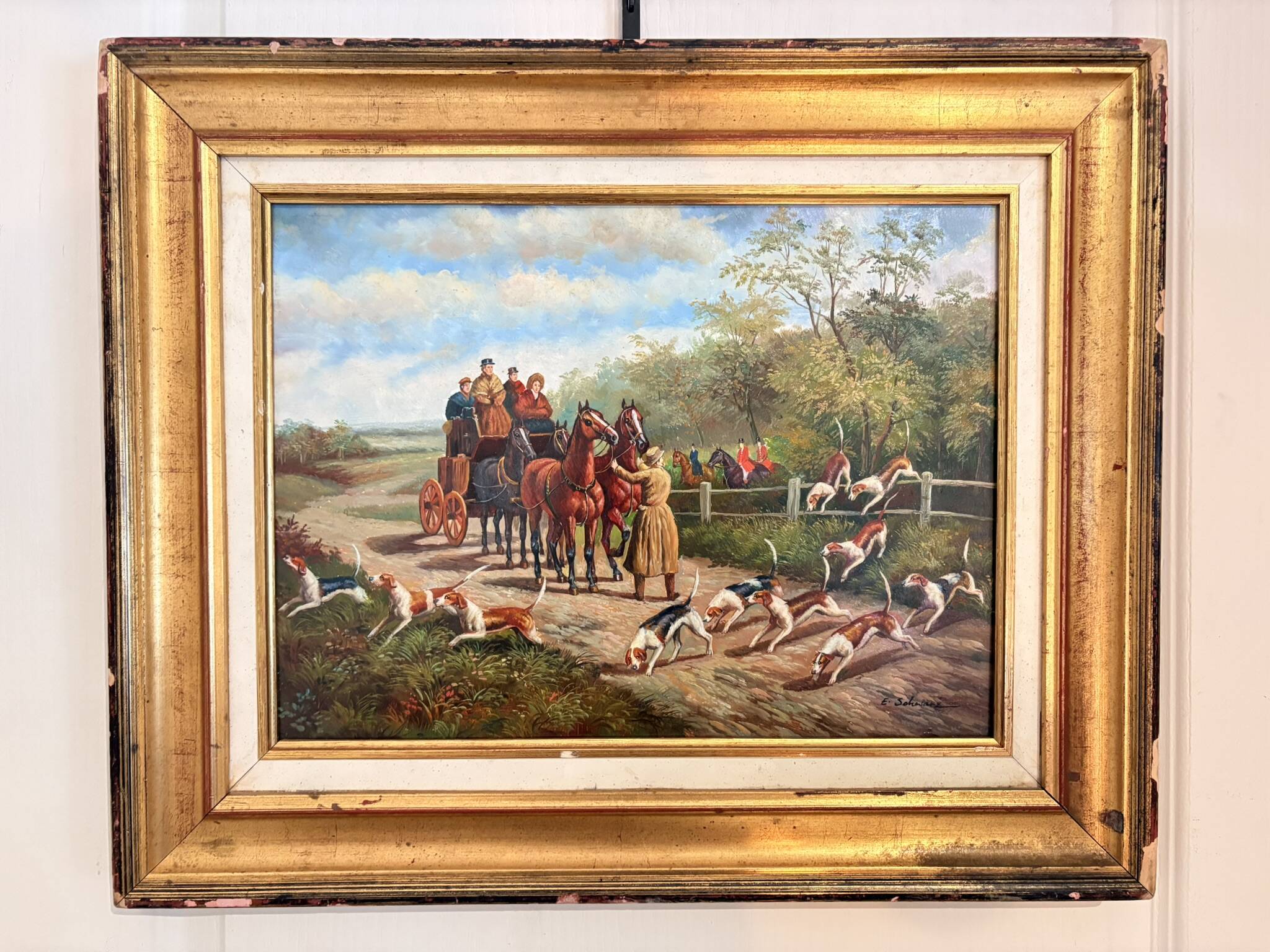 Oil Painting Panel Wood Gilded Hunting English Dog 19th Century