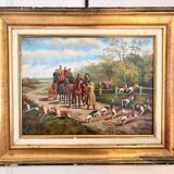 Oil Painting Panel Wood Gilded Hunting English Dog 19th Century