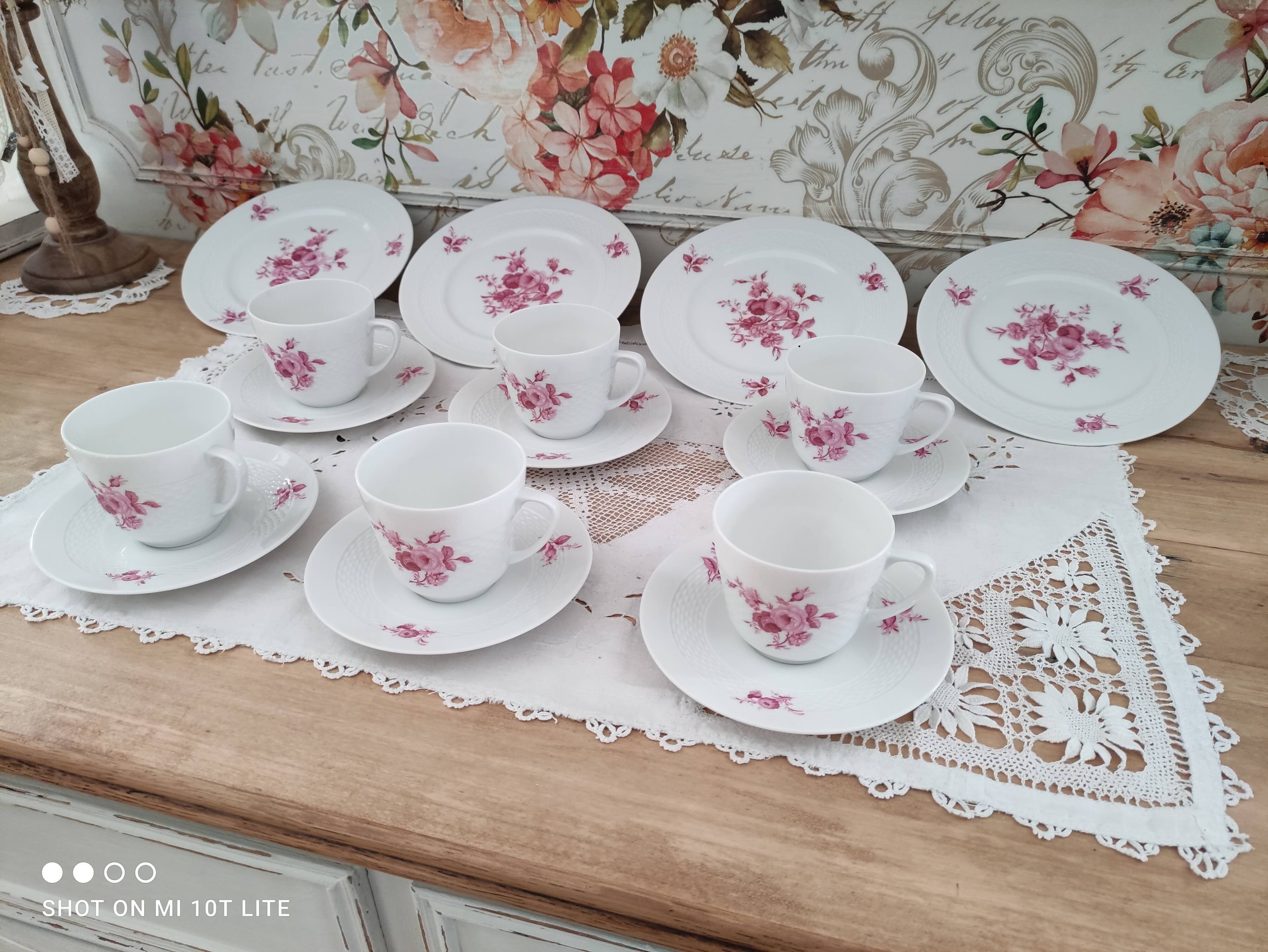 Coffee set 16 pieces porcelain bavaria white décor pink roses