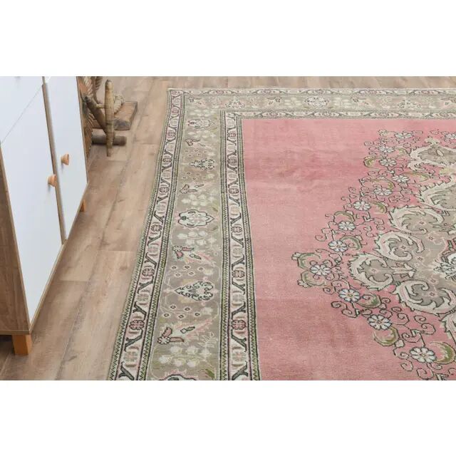 1970s Vintage Persian Handmade Wool Cotton Pink Area Rug 290x393