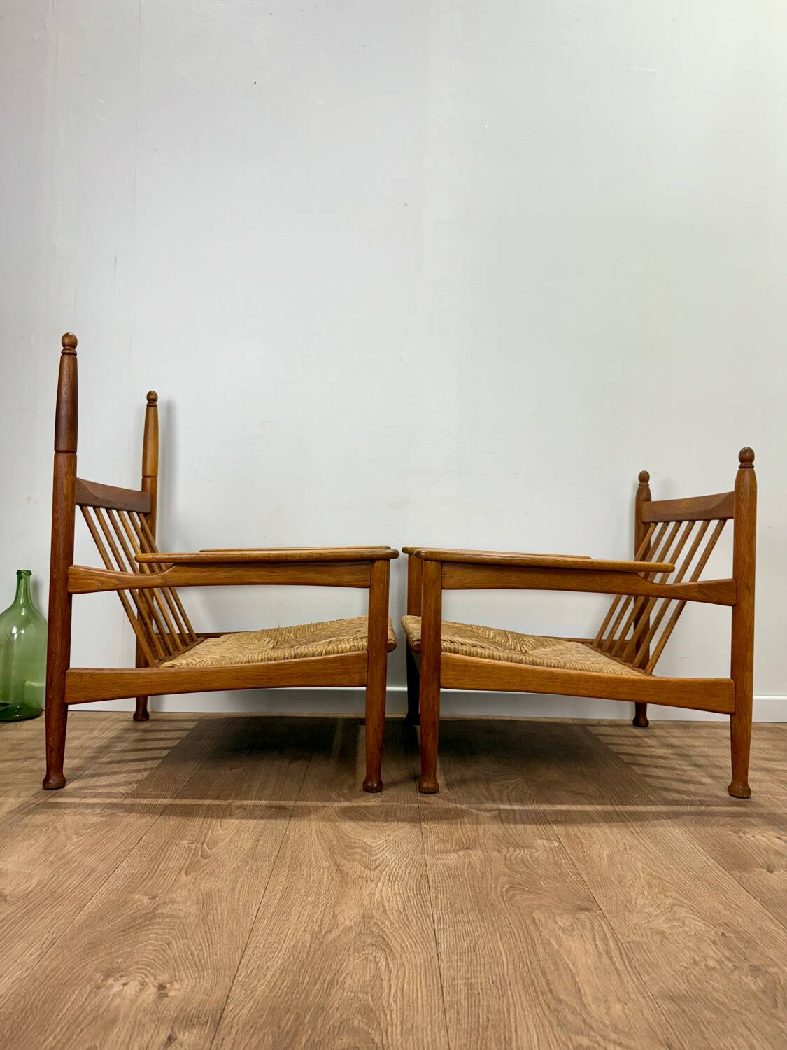 Pair of wooden and straw armchairs