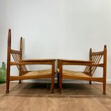 Pair of wooden and straw armchairs