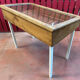 Old table showcase in walnut wood and glass, to install, store model with heavy glass