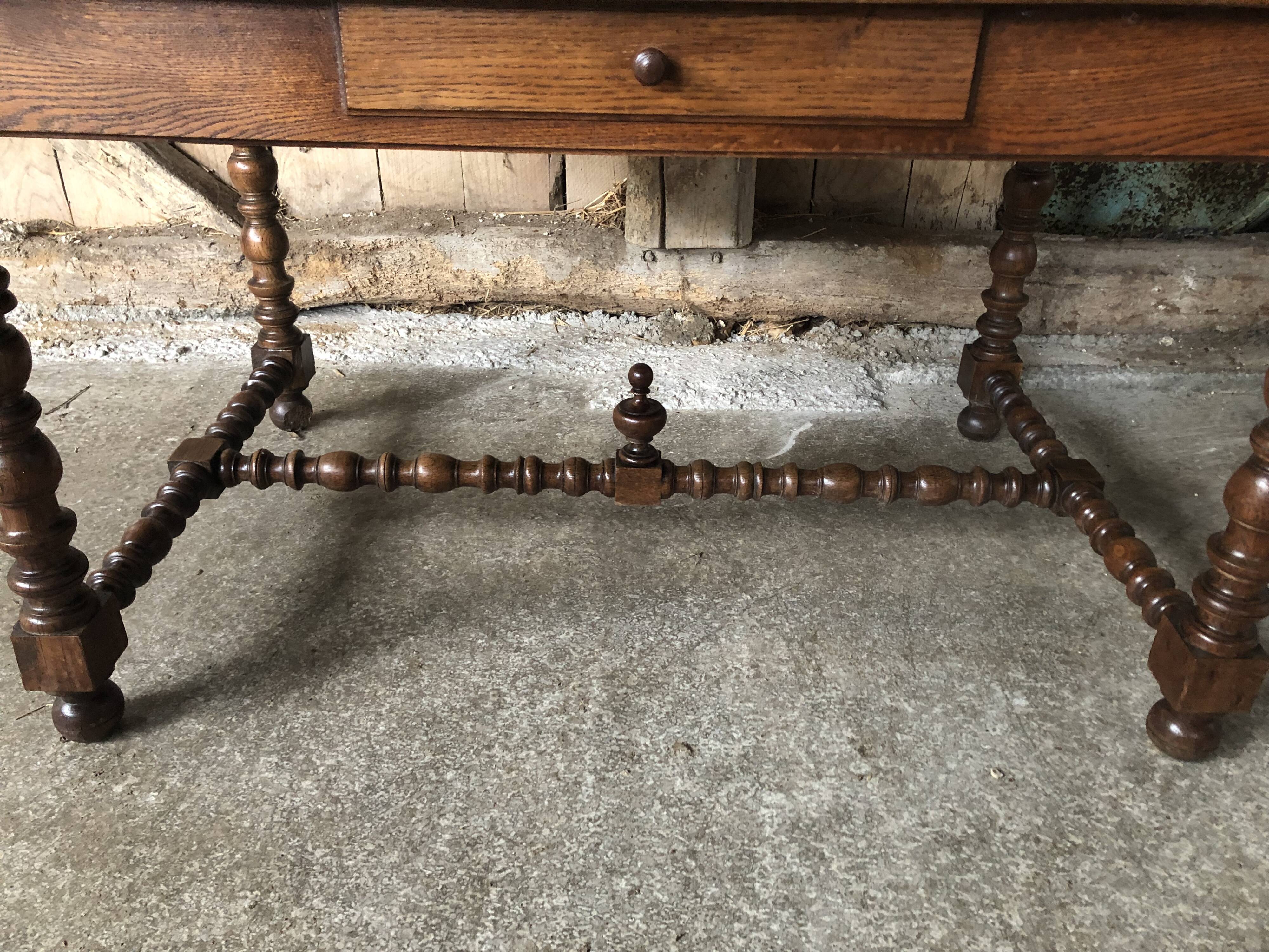Old desk style henri ii table + drawer wood turned vintage