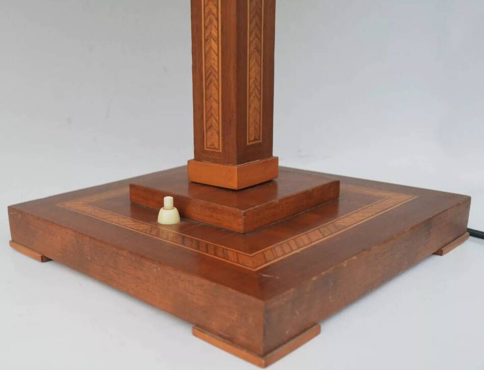 Vintage Wooden Table Lamp with Geometric Marquetry Inlay – Fabric Lampshade