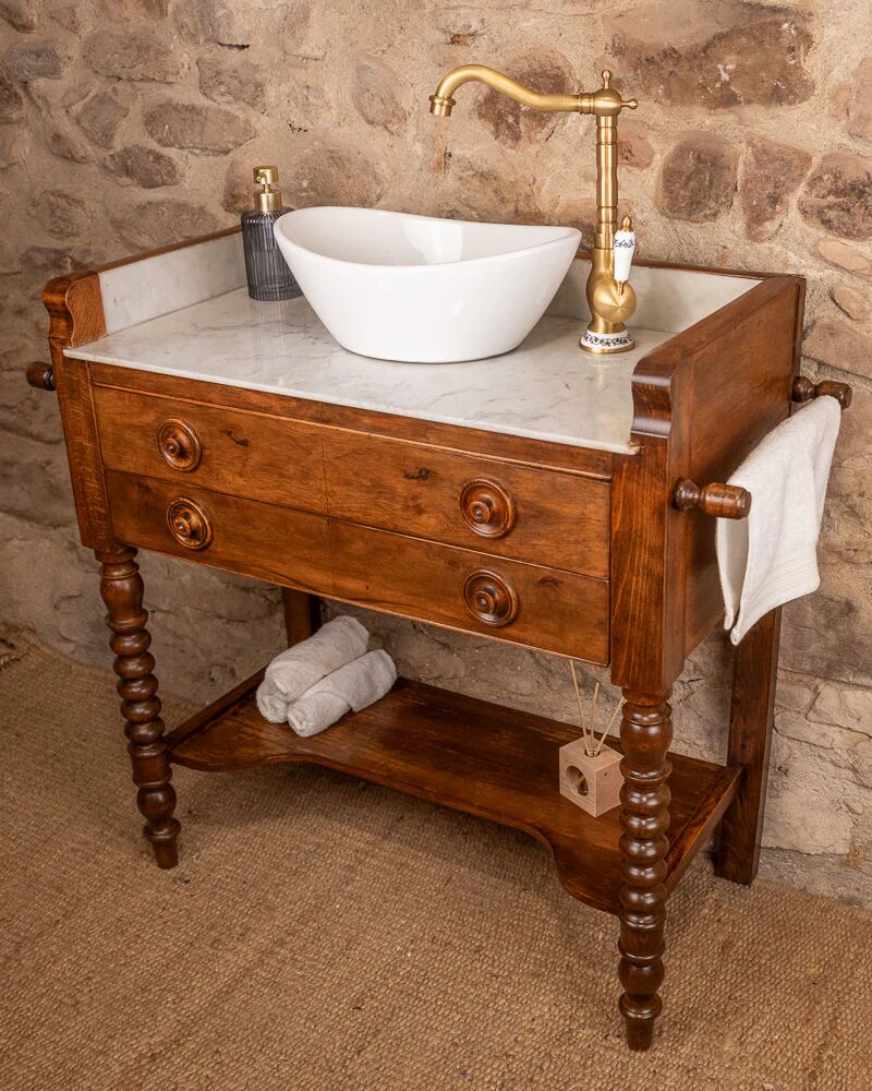 Marble and wood washbasin cabinet in Louis-Philippe style with double drawer.