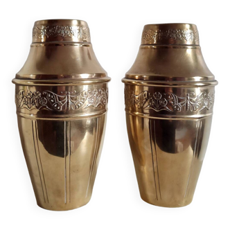 Duo of art deco embossed brass vases