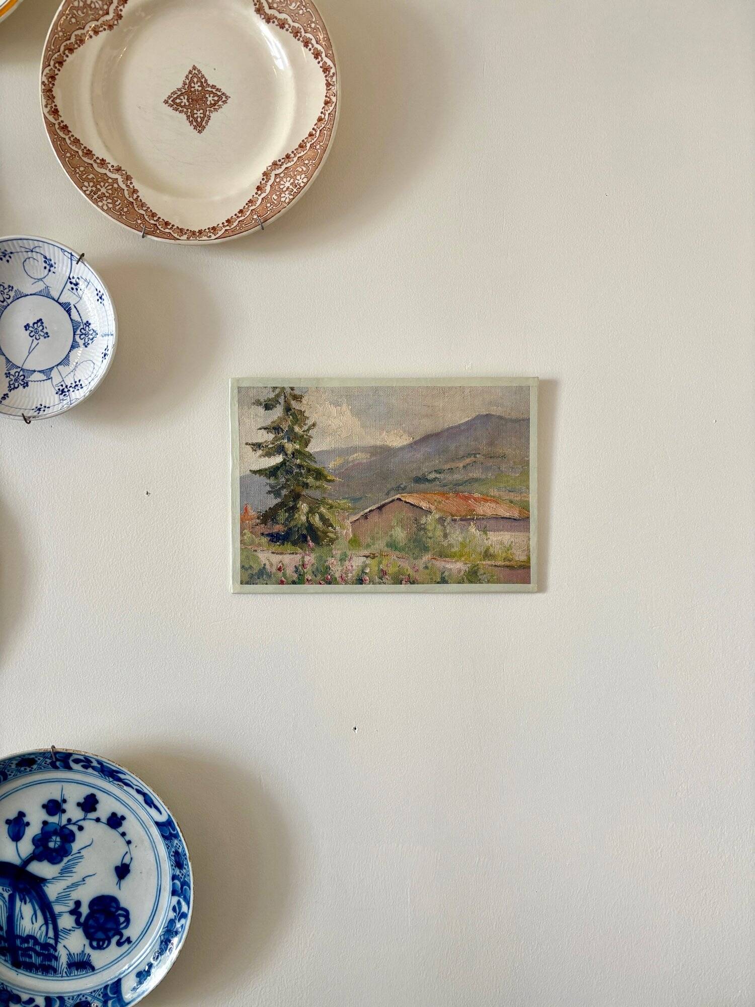 Oil painting on canvas "Mountain, fir tree and house" no. 51