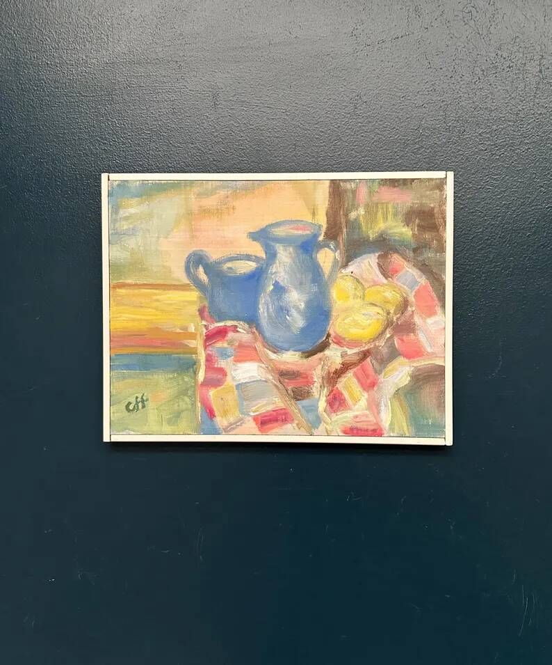Original Swedish Oil on Panel – “Blue Pitchers and Lemon” by Off – Signed – Vintage and Framed – 37 × 29 cm (14.6 in × 11.4 in)