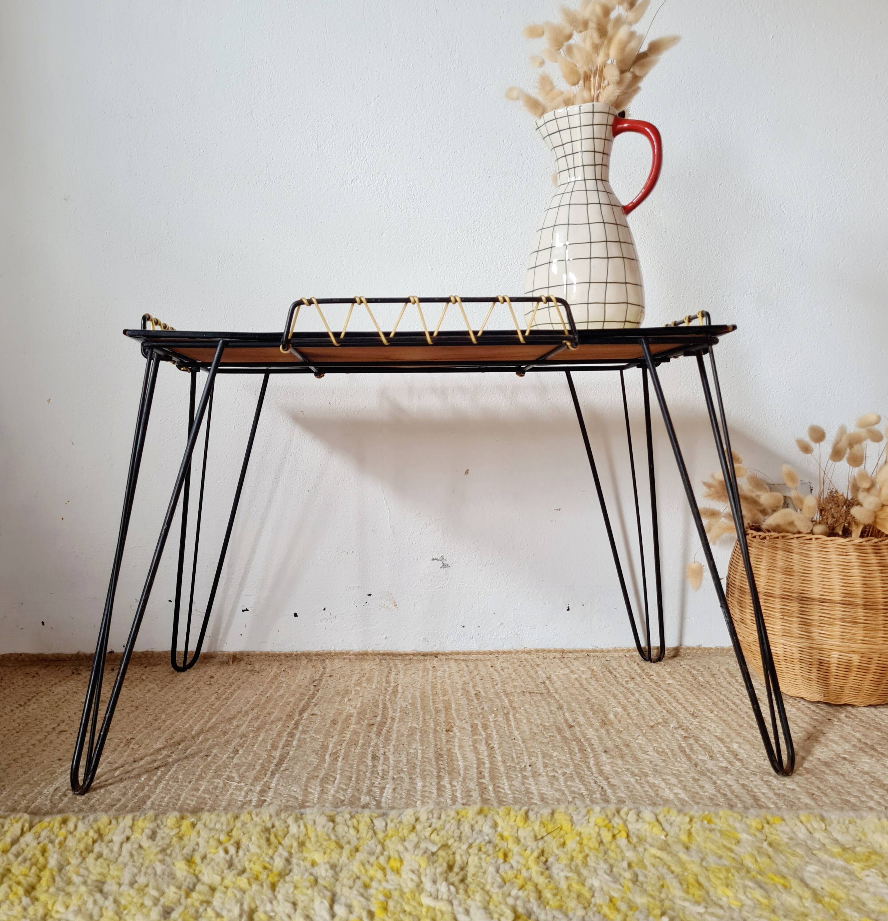 Black metal side table with scoubidou, 1950s