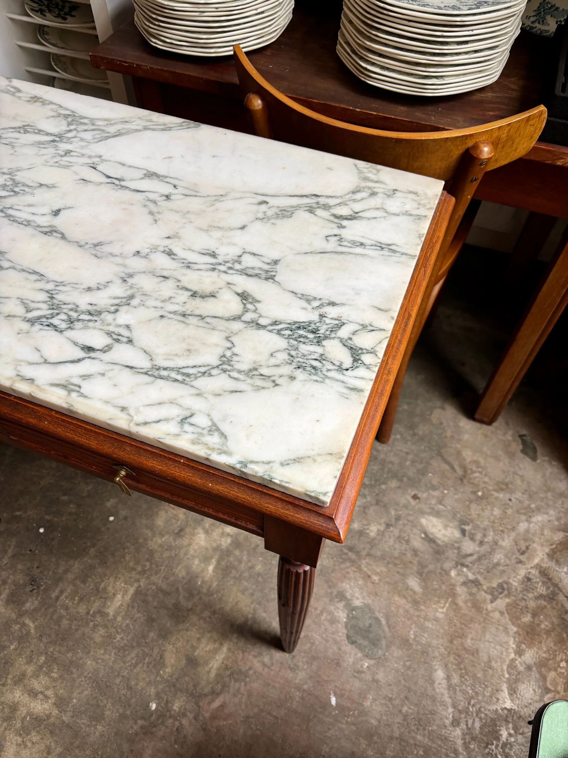 Desk, dark wood and marble side table