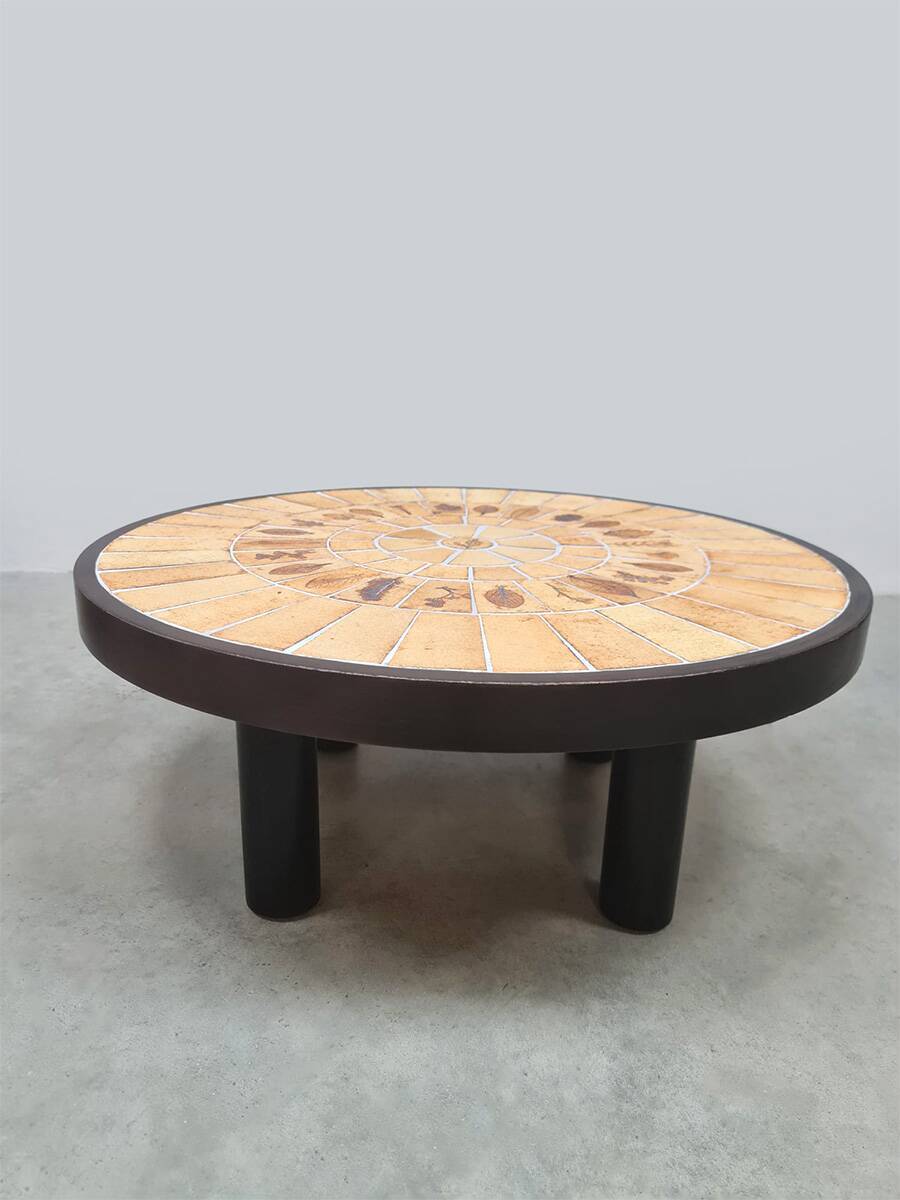 Vintage round ceramic herbarium coffee table Roger Capron