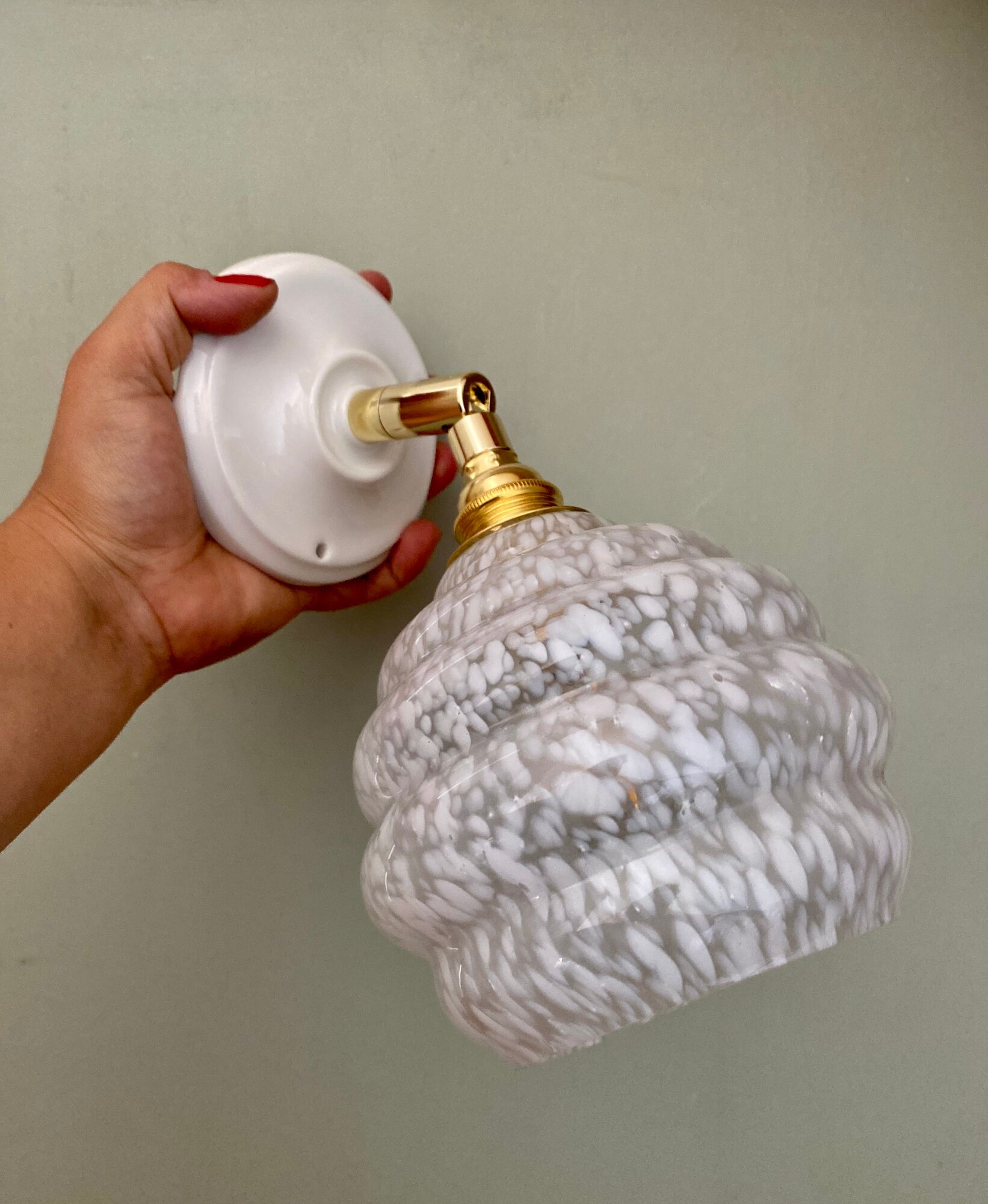 Vintage globe wall lamp in white clichy glass and porcelain rosette