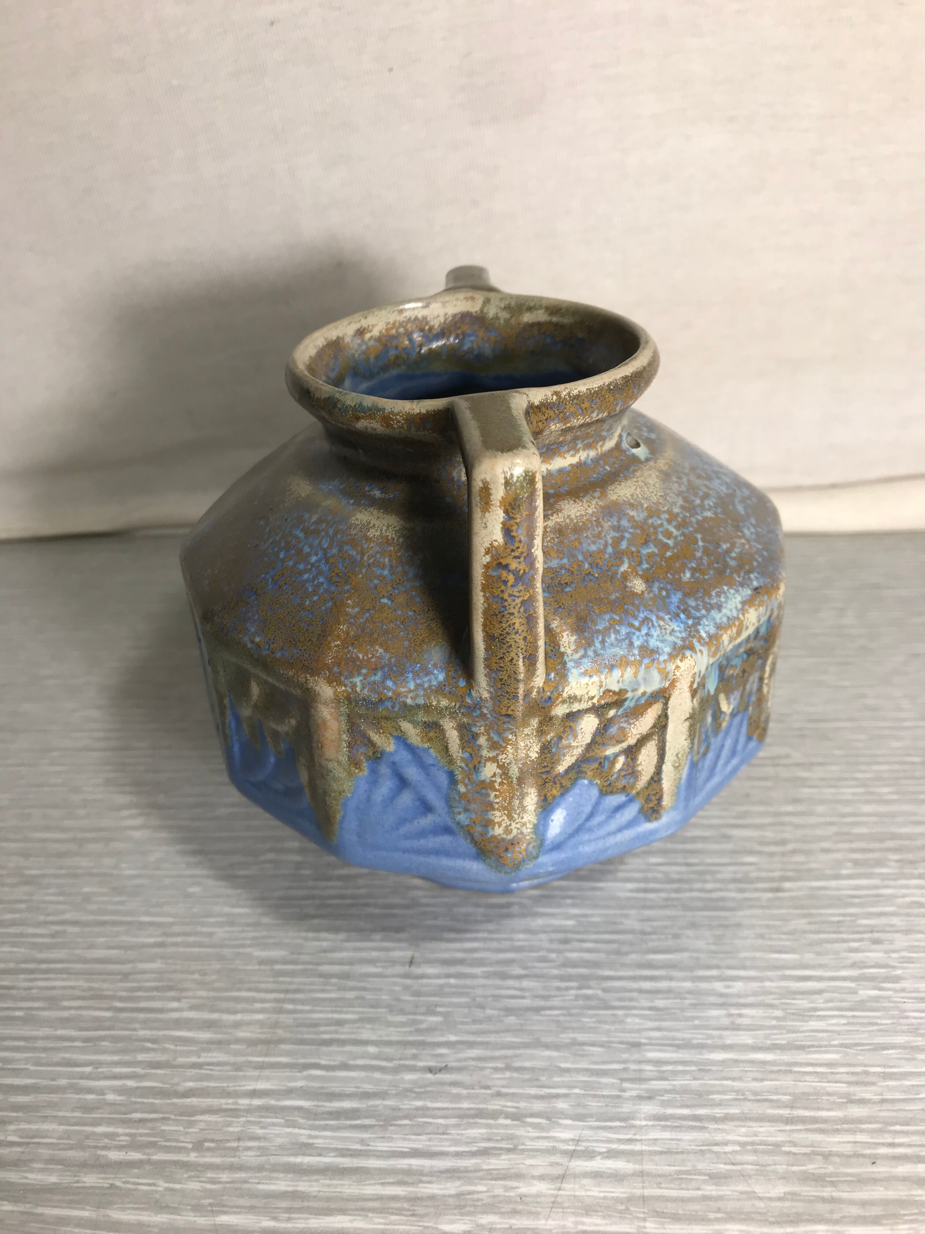 Ancient ART DECO Ceramics Blue Beige Vase Anses 30 Vintage