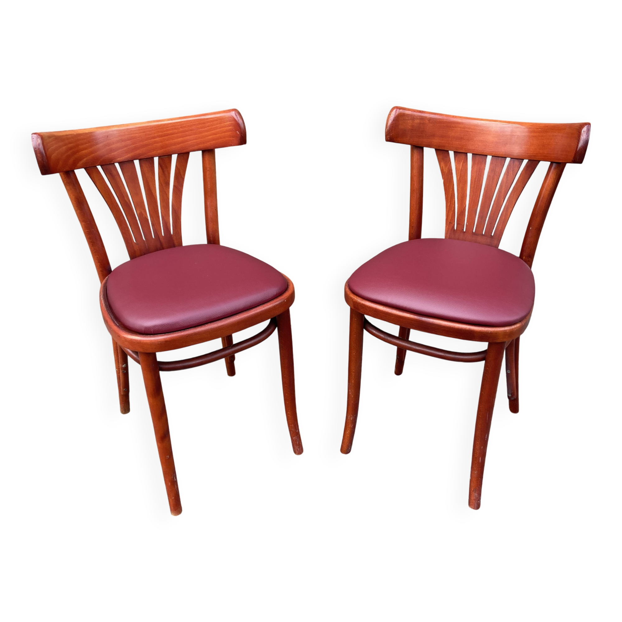 Pair of Alsatian bistro chairs in wood and leather, 1960