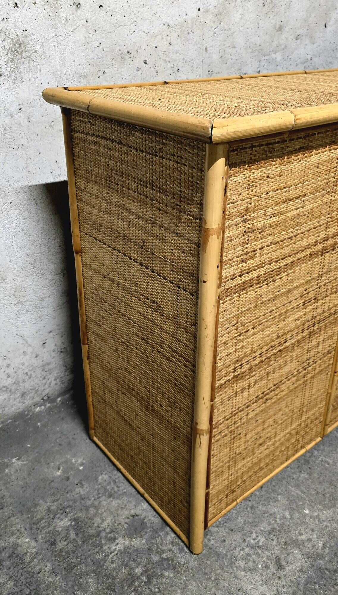 Vintage woven rattan and natural bamboo sideboard - Italy 1970s