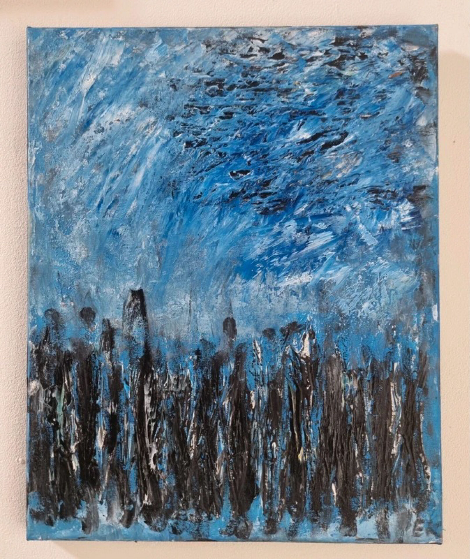 Abstract table in blue, black, and white, 41x33 cm, signed painting.