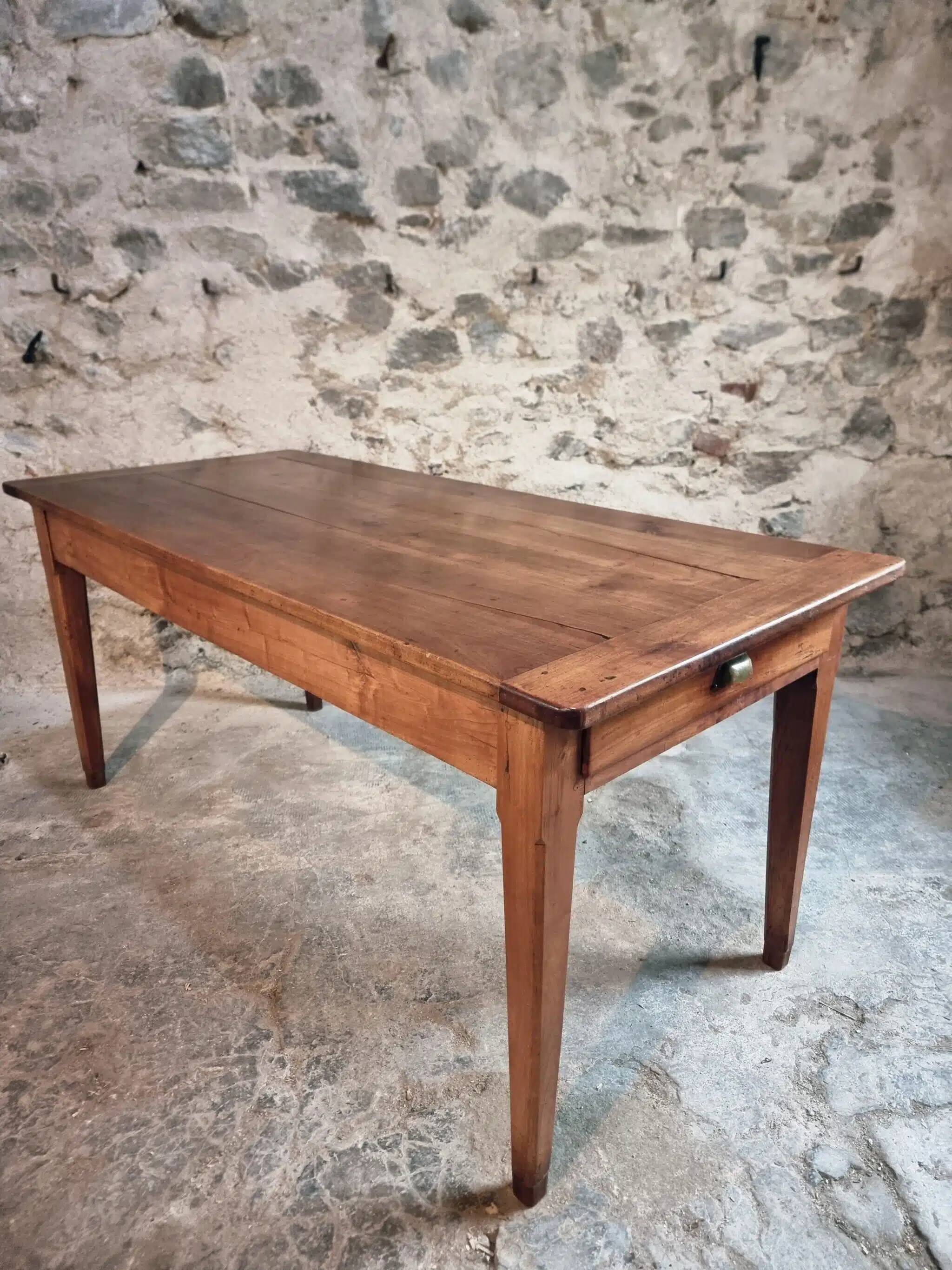 Antique French Farmhouse Table | 19th Century Cherry Wood Table with Drawer and Extension | 1880–1900 Rustic Kitchen