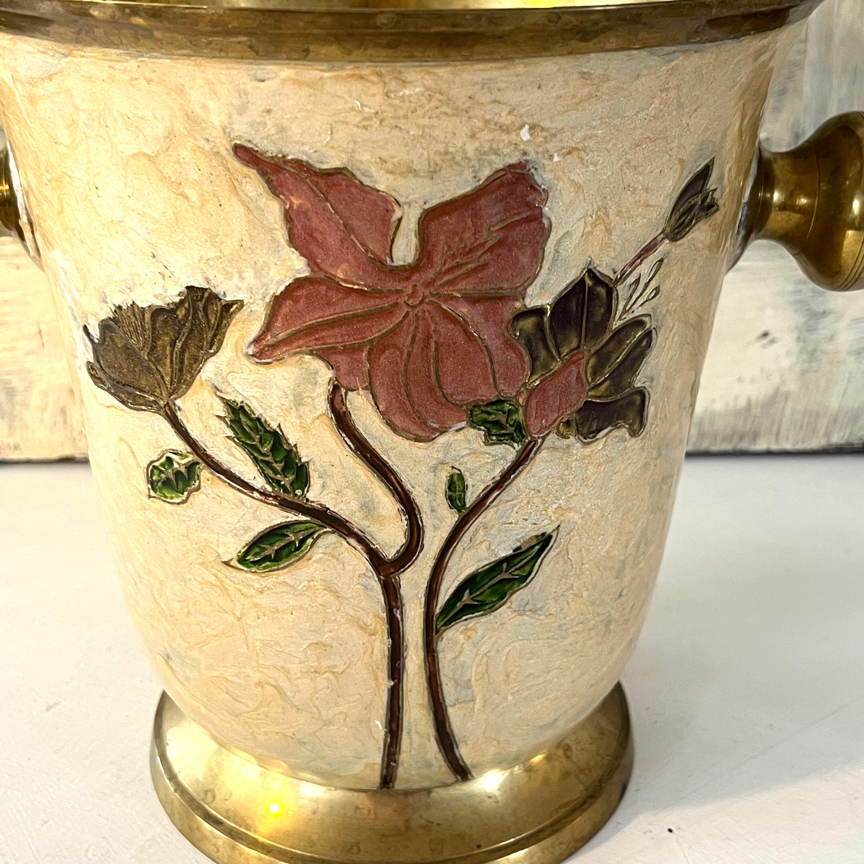 Rare French Art Nouveau Cloisonne Brass Champagne Cooler with Orchid E