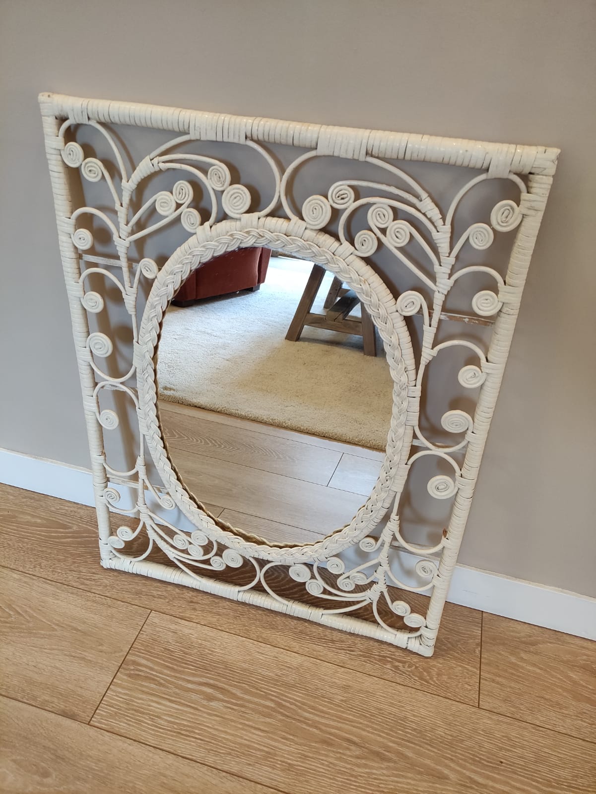 White rattan mirror peacock style 60x77cm