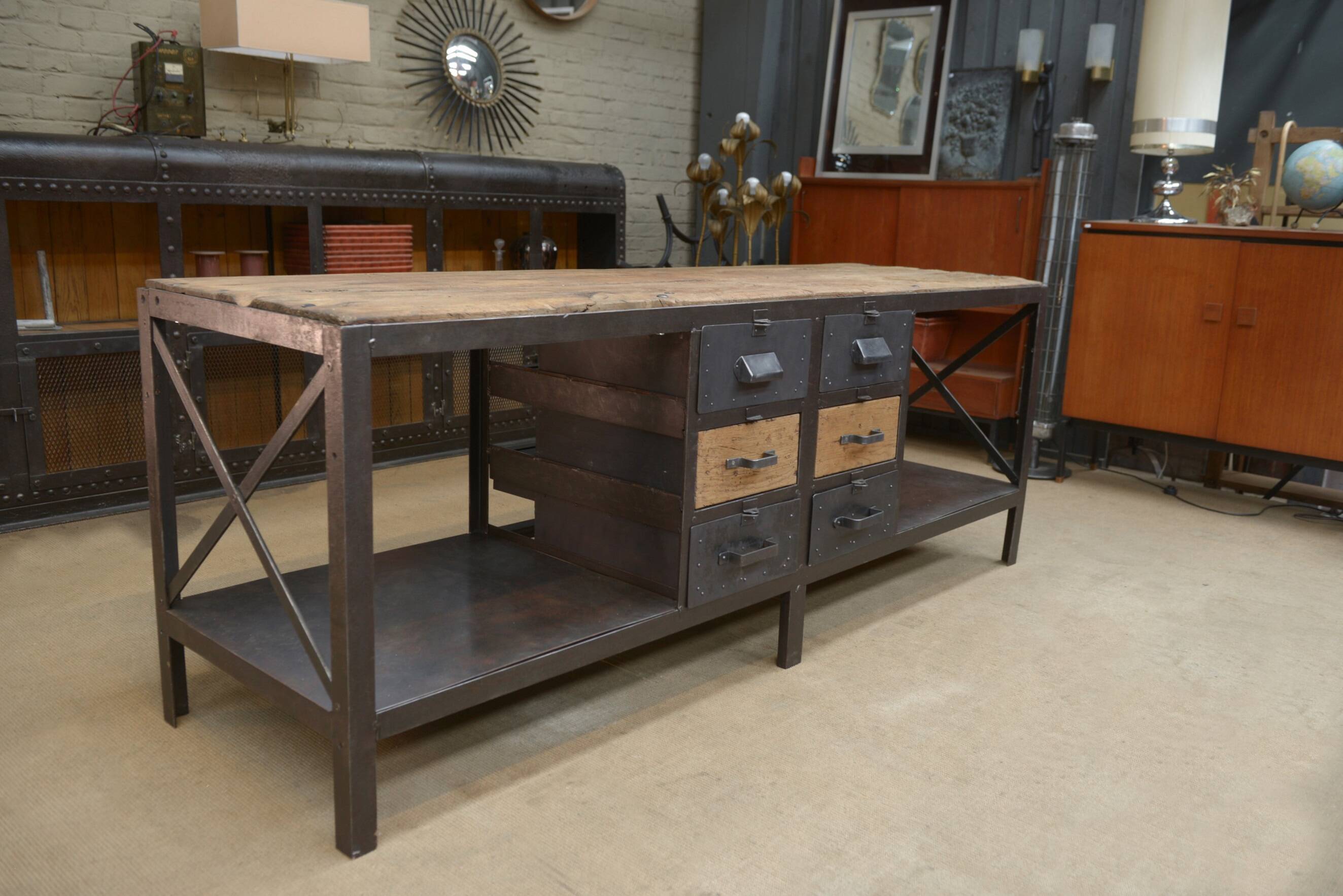 Industrial sideboard from metal and wood factory 1950