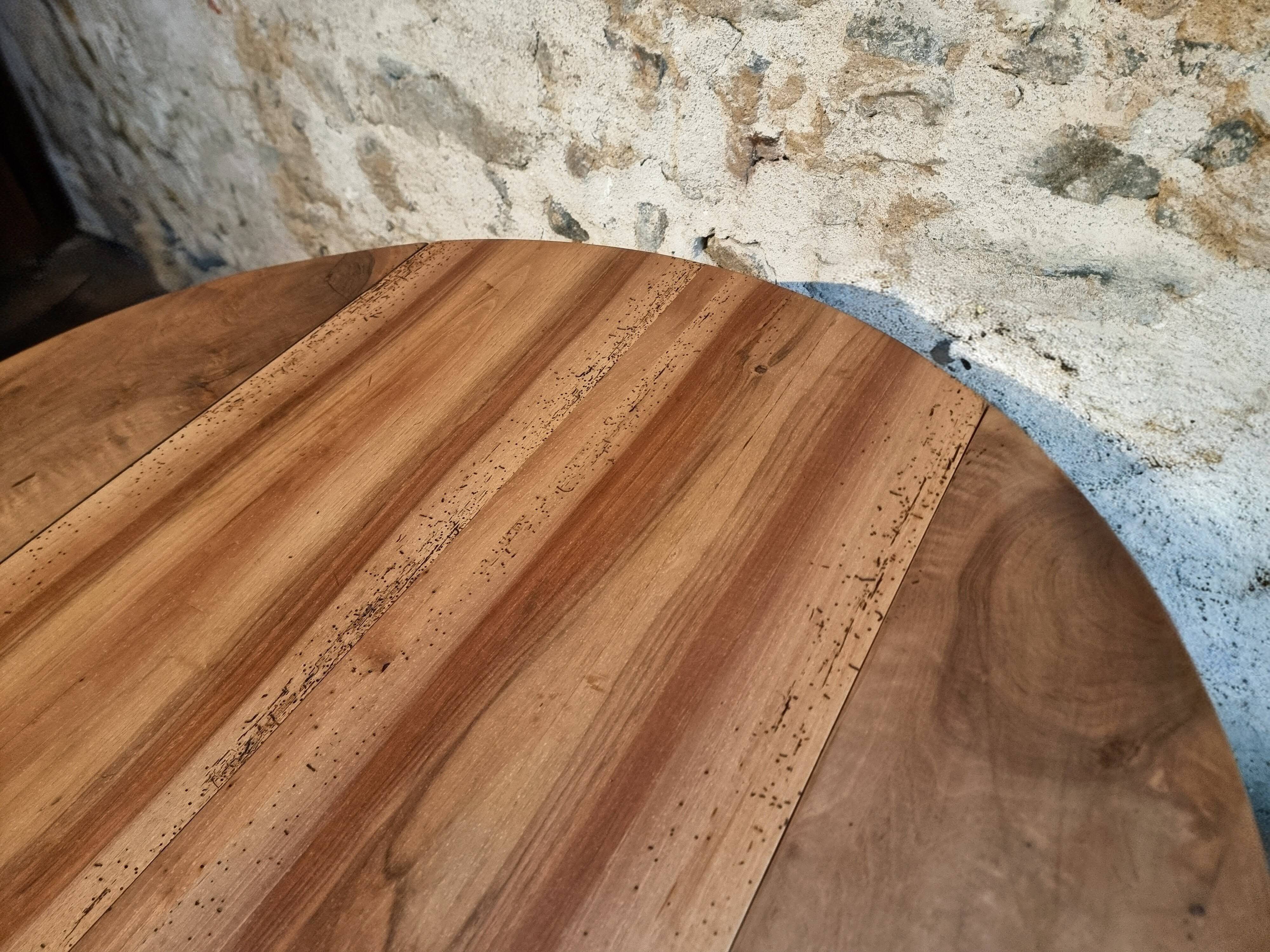 Antique walnut drop-leaf dining table – French round table 110 cm