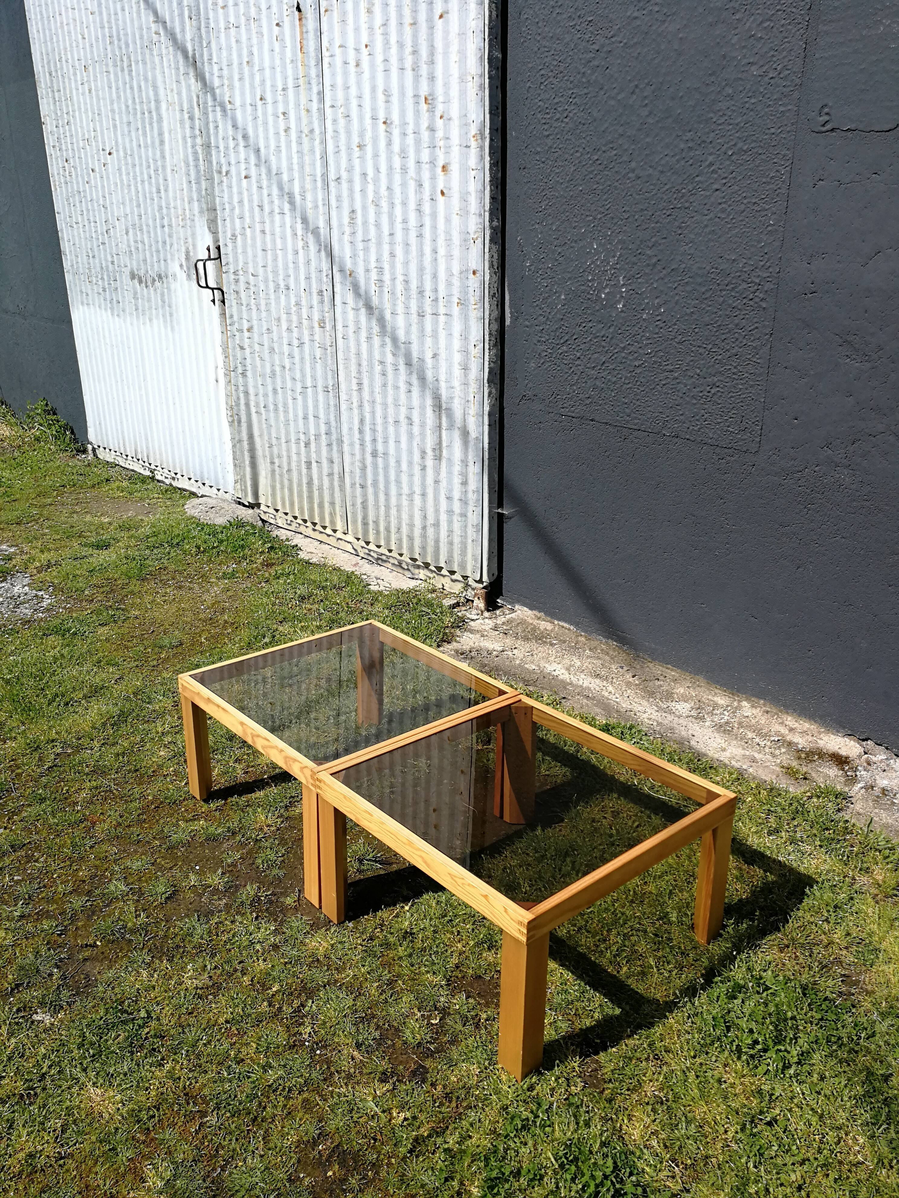 Pair of wood/smoked glass square coffee table