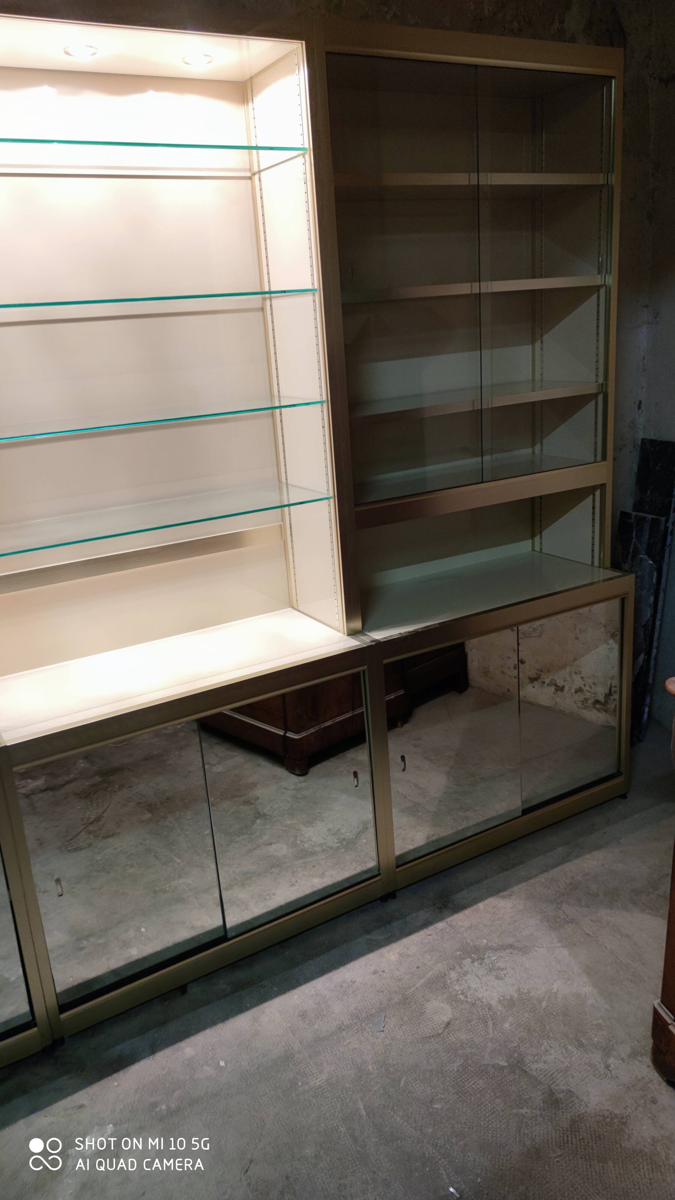 Ivory-colored and matte gold anodized aluminum display bookcase