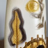 Beige-Yellow Chinese Ceramic Vase with Tactile Design Depicting Houses, Sun, Trees and Countryside