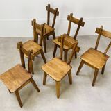 6 brutalist solid wood chairs