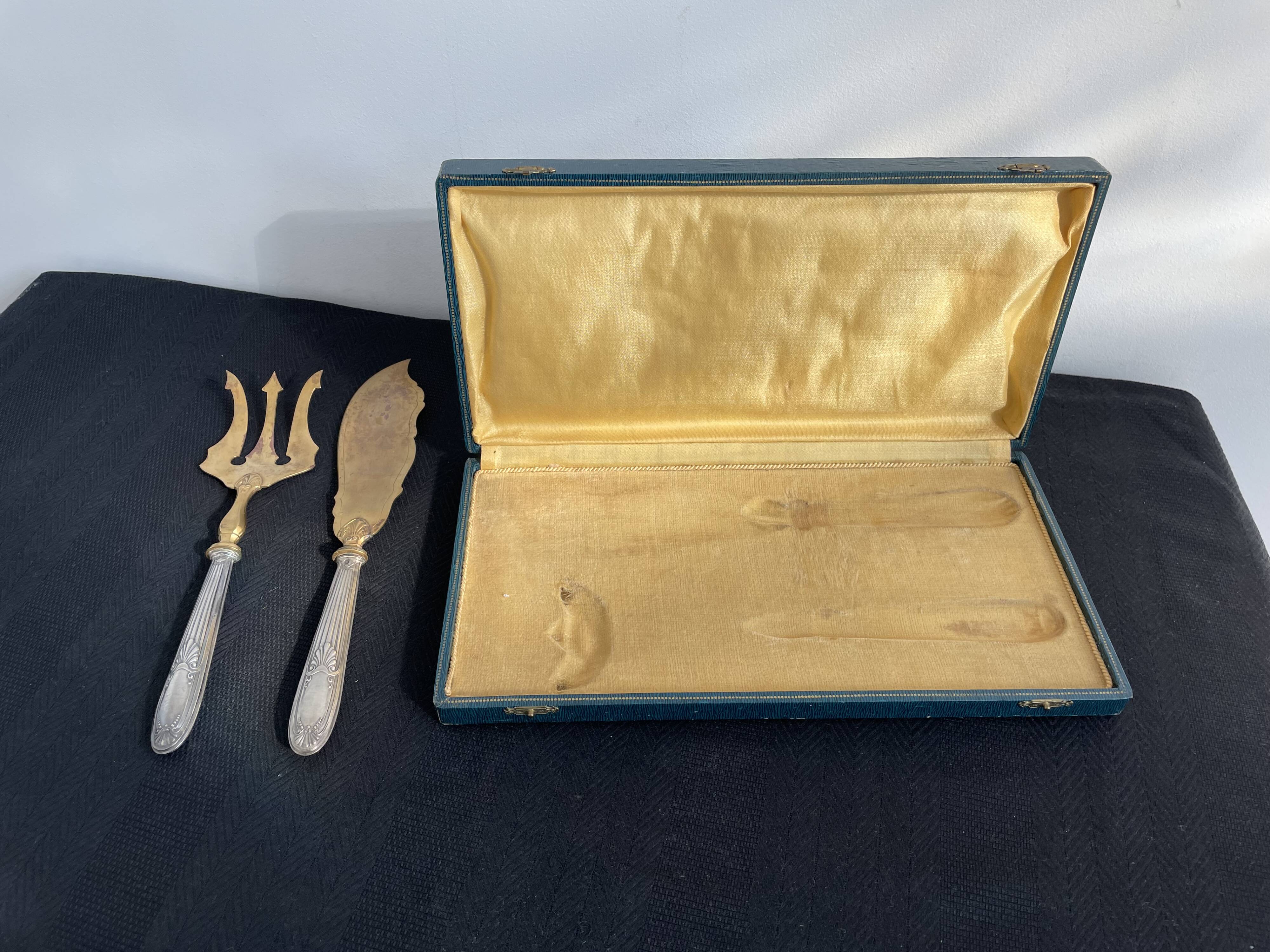 Antique, fish service cover, stuffed silver, gilded metal, France