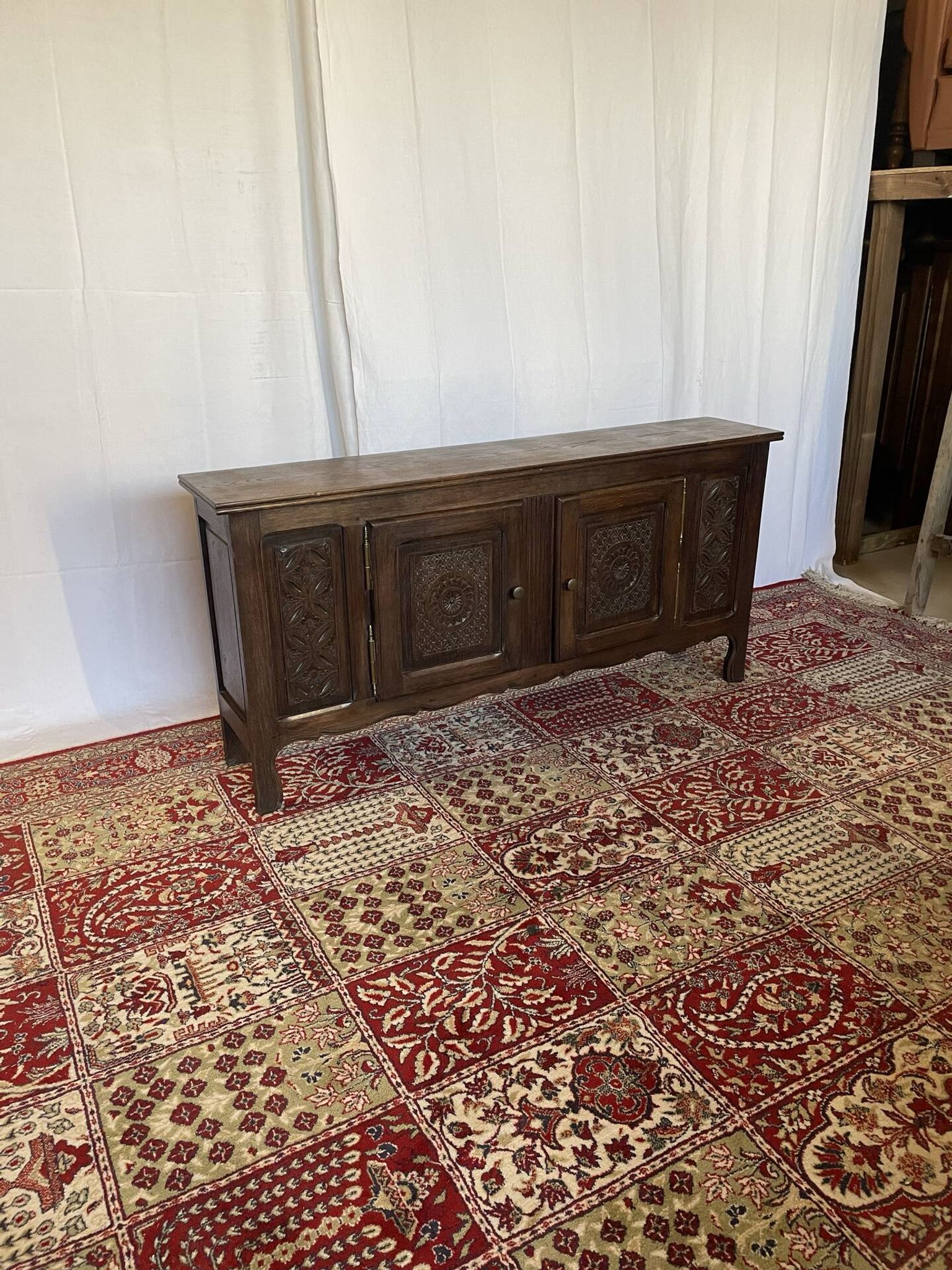 Vintage low sideboard in carved solid oak, Basque style.