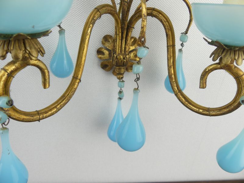 Pair of vintage wall lamps Murano blue opaline tassels