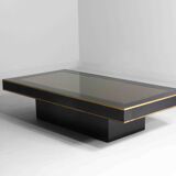 Table basse en bois laminé noir, plateau miroir et laiton, Italie années 1980