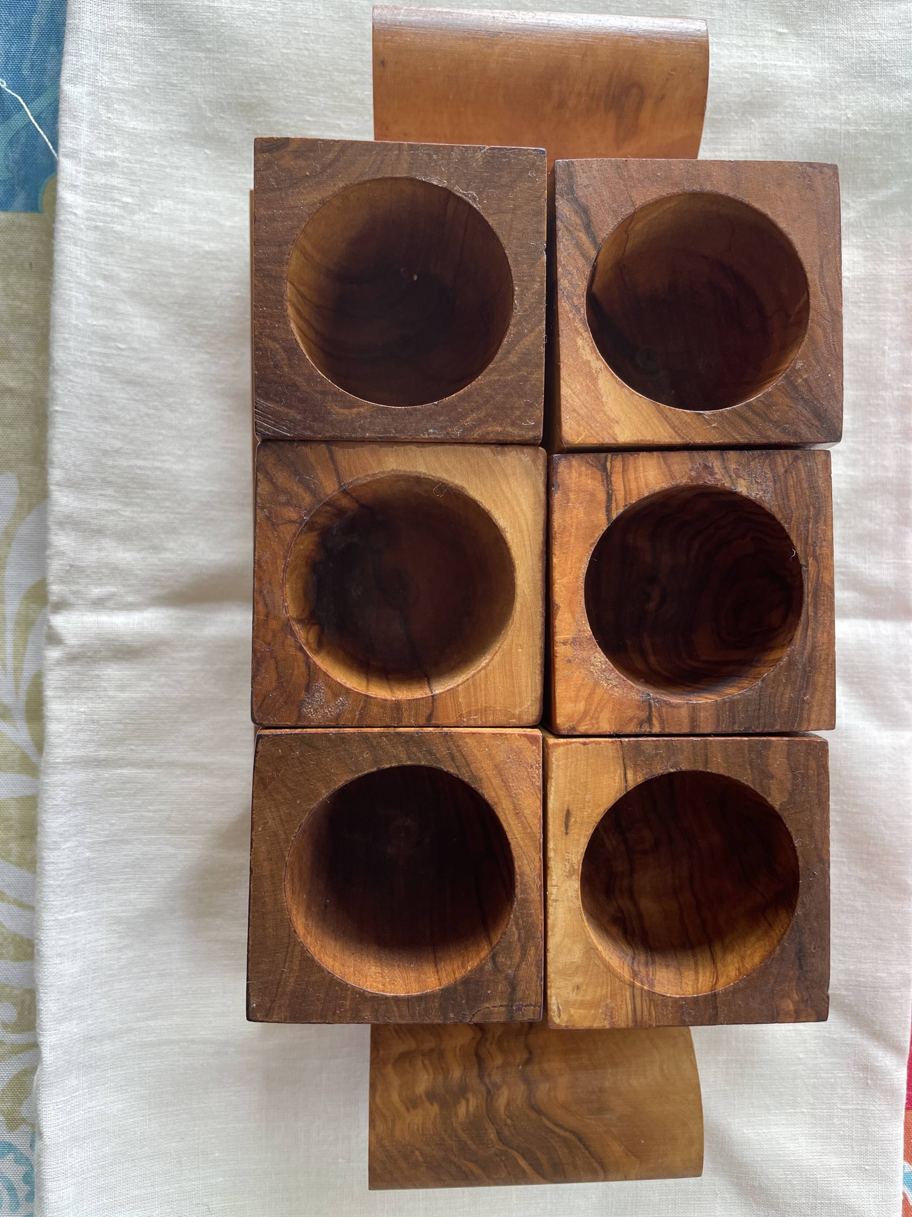 6 cube egg cups on tray with handles Olive wood Vintage 1970