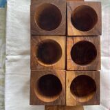 6 cube egg cups on tray with handles Olive wood Vintage 1970