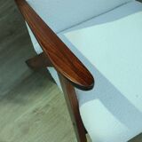 Vintage armchair mid century modern design white boucle dark walnut wood colour 1970 restored chair