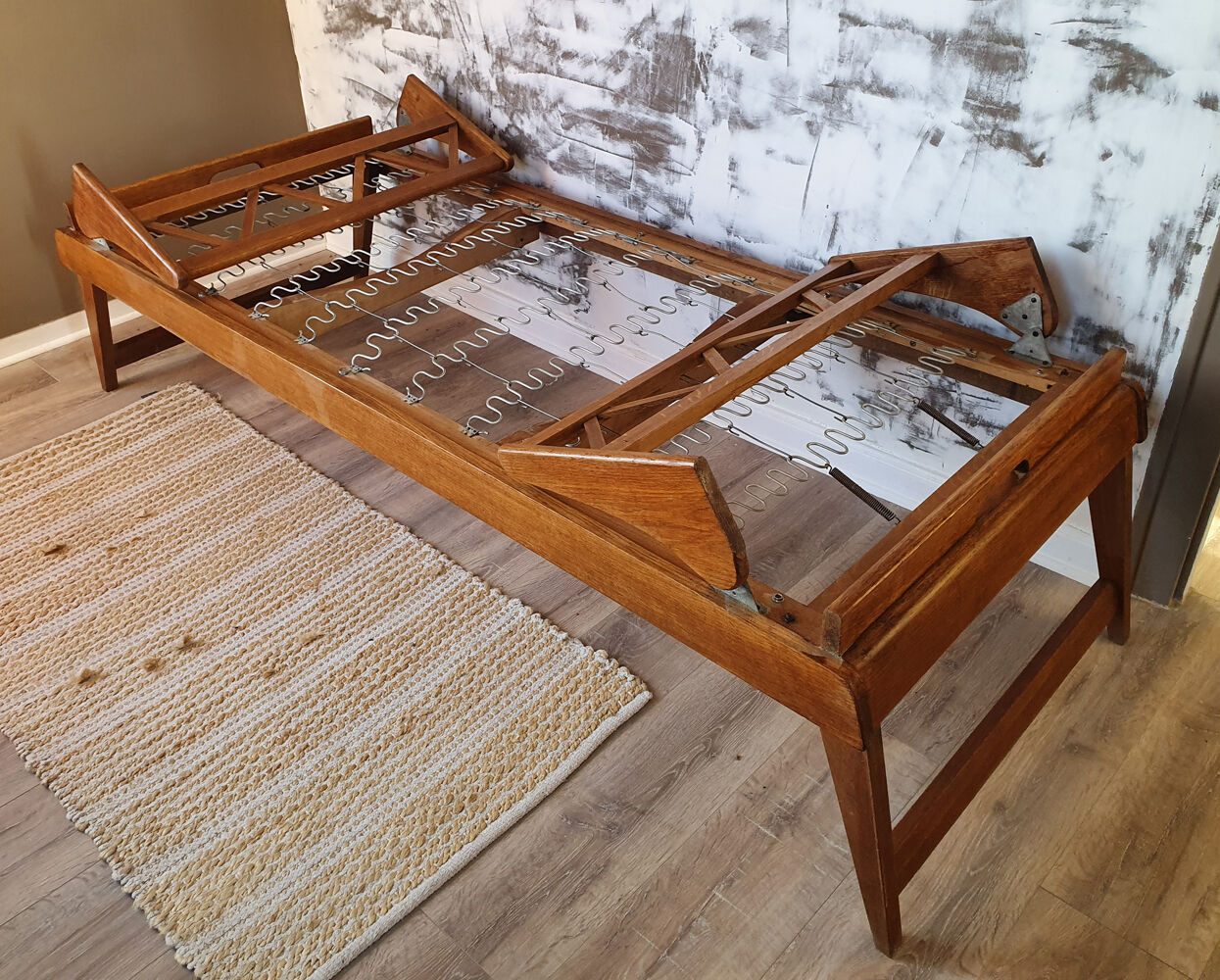 folding bed wood, daybed, solid oak, vintage, 50s