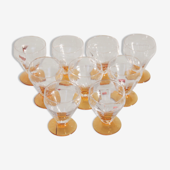 Set of 9 antique art deco wine glasses vintage amber foot