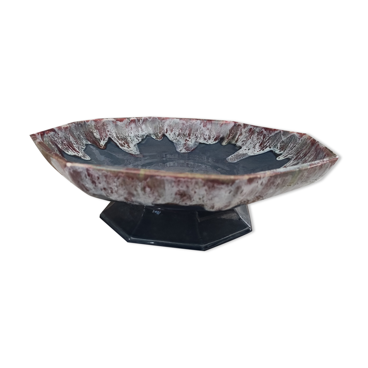 Cut on pedestal in gypsy blue ceramic lava effect burgundy and white signed GF