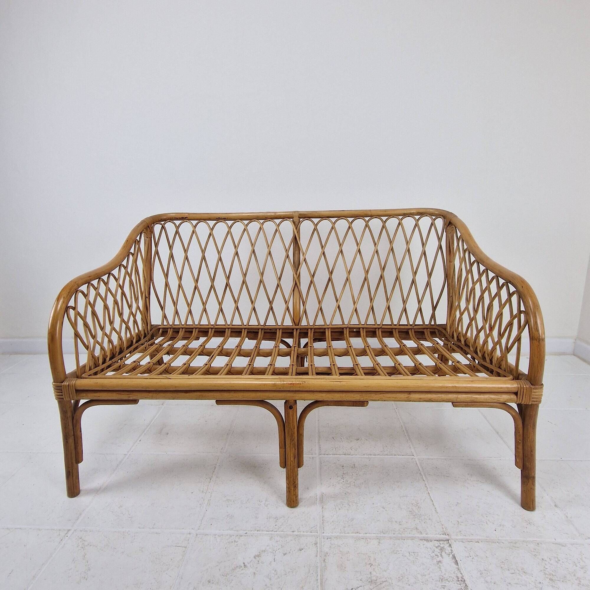 Mid-Century Italian Rattan & Bamboo Settee, ca. 1970