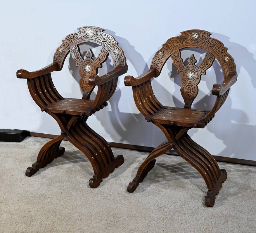 Pair of Savonarola Syrian Walnut Armchairs – Late 19th Century