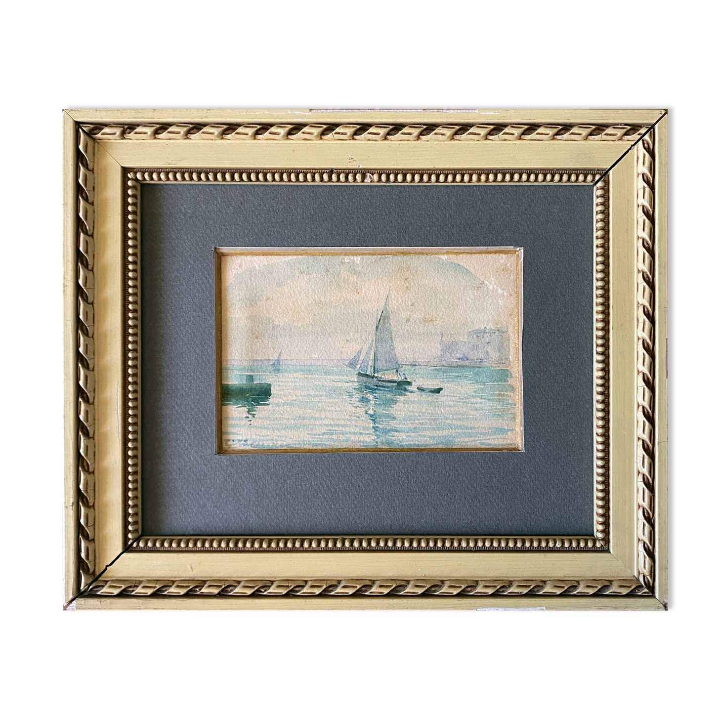 Watercolor marine painting "sailboat leaving the port" signed + frame 1900