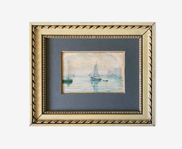 Tableau aquarelle marine "voilier sortant du port" signée + cadre 1900