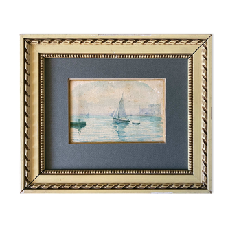 Watercolor marine painting "sailboat leaving the port" signed + frame 1900